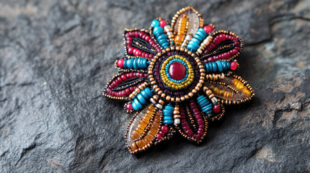 This exquisite brooch showcases an intricate design of colorful beads arranged in a floral pattern, perfect for enhancing any outfit.の素材