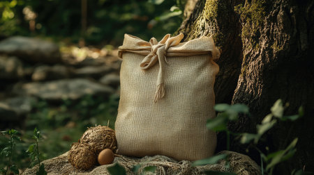 This serene still life captures a jute bag alongside an egg and straw, nestled against a tree trunk in a tranquil forest. Perfect for nature-themed projects.の素材