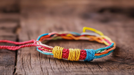 A vibrant handcrafted friendship bracelet with colorful threads on a rustic wooden surface. This unique piece showcases creativity and fine craftsmanship.の素材