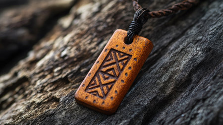 Explore this striking handcrafted wooden pendant featuring intricate geometric designs, resting on a natural backdrop that highlights its beauty.の素材