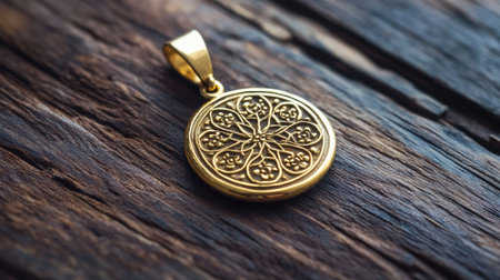 This exquisite gold pendant features an intricate floral design, showcasing skilled craftsmanship on a rustic wooden background. Perfect for jewelry lovers.の素材