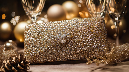 This stunning gold clutch bag sparkles with intricate crystal embellishments, set against a backdrop of festive decorations, perfect for elegant celebrations.の素材