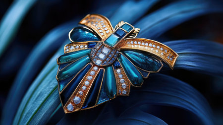 This elegant vintage brooch features stunning blue gemstones and intricate designs, beautifully displayed against a dark leafy background for a striking effect.の素材