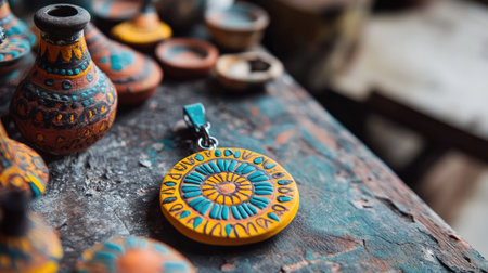 This captivating stock photo showcases a vibrant handcrafted ceramic pendant alongside intricately designed vases on a rustic table. The vivid colors and unique patterns highlight the artistry of traditional pottery, perfect for creative projects or marketing materials.の素材