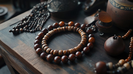 This close-up image showcases a collection of wooden jewelry pieces arranged thoughtfully on a rustic wooden surface, highlighting their artisan craftsmanship and natural beauty.の素材