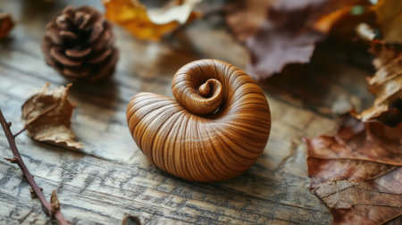 This close-up image showcases a brown spiral shell resting on a wooden surface, surrounded by autumn leaves and pine cones, evoking a sense of tranquility.の素材