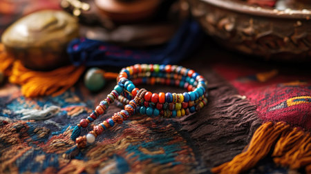 A stunning handcrafted beaded bracelet featuring vibrant colors and intricate designs, laying on textured fabric surrounded by rustic decor, showcasing artistry.の素材
