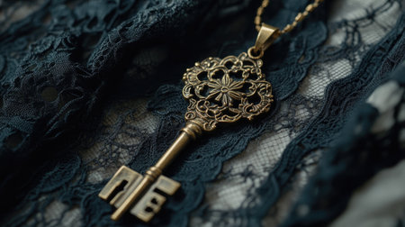 This stunning image features an elegant vintage key pendant resting on delicate black lace, showcasing intricate floral designs that highlight charm and sophistication.の素材