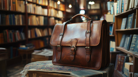 A classic brown leather bag rests atop a stack of vintage books in a cozy library, featuring warm lighting and elegant design perfect for study or travel.の素材