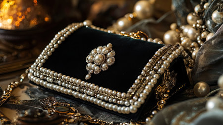 This enchanting vintage black velvet clutch bag features intricate pearl and gemstone embellishments, perfect for enhancing fashion and luxury decor.の素材