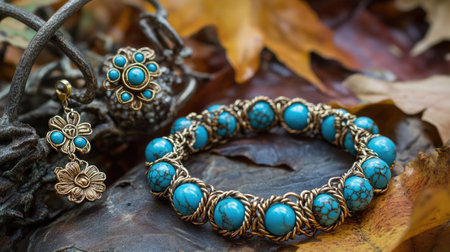 This stunning jewelry set features a turquoise bracelet and matching earrings, beautifully displayed on a bed of autumn leaves, showcasing elegance and artistry.の素材