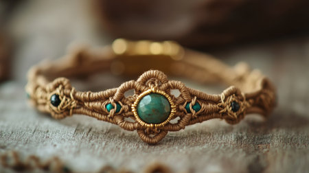 This captivating handmade macrame bracelet features a smooth natural stone centerpiece, surrounded by decorative beads, showcased beautifully on a rustic wooden surface.の素材