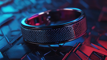 A stunning close-up of an elegant textured ring set against a vibrant and colorful futuristic surface. The interplay of light and shadow enhances its modern appeal.の素材