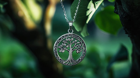 A beautiful silver tree of life pendant gracefully hangs from a delicate chain, set against a backdrop of vibrant green foliage, symbolizing life and growth.の素材