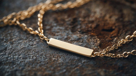 This stunning gold chain necklace features a sleek minimalist bar pendant, beautifully displayed on a rustic stone background, perfect for showcasing elegance.の素材