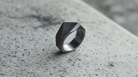 A close-up view of a geometric ring resting on a textured surface, highlighting its modern design and craftsmanship. This piece embodies minimalism and elegance.の素材