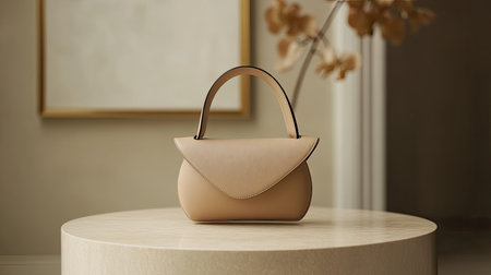 This image features an elegant minimalist handbag resting on a smooth round table, showcasing its subtle beige tone against a soft neutral background, perfect for fashion enthusiasts.の素材