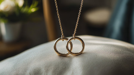 This stunning image features elegant gold necklaces with interlinked rings, beautifully resting on a soft fabric surface, illuminated by warm natural light.の素材