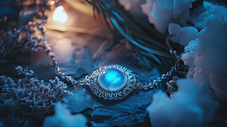 A stunning close-up of an elegant blue stone necklace placed among natural elements. Soft lighting enhances its beauty, creating a tranquil atmosphere.の素材