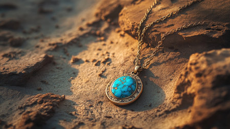 A stunning vintage turquoise necklace rests on a rugged rocky surface, captured in soft natural light, highlighting unique designs and texture.の素材