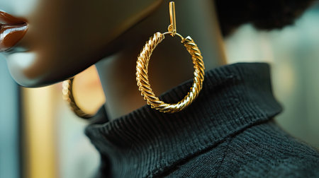 A stunning close-up of a stylish golden hoop earring displayed on a fashionable mannequin, accentuating elegance and modern design against a soft blurred background.の素材