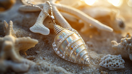 A beautifully crafted seashell pendant necklace sits gracefully on a sandy beach surrounded by coral. The sunlight enhances its elegant design, blending natural beauty with luxury. Perfect for showcasing a coastal lifestyle.の素材