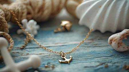 This image features a delicate gold necklace adorned with a dolphin charm, beautifully presented on a rustic wooden surface. Perfect for summer-inspired themes.の素材