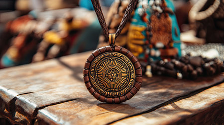 A beautifully crafted vintage pendant necklace featuring intricate designs. This pendant is displayed on a rustic wooden table, highlighting its artisanal charm and cultural significance.の素材
