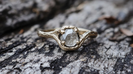 A stunning gold ring featuring a unique diamond stone, placed gracefully on a rustic wood background, perfect for showcasing elegance and craftsmanship.の素材