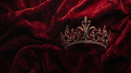 An elegant crown rests on sumptuous red velvet, embodying the essence of royalty and luxury. Perfect for themes of beauty and celebration.の素材