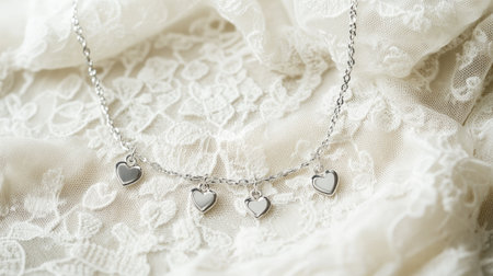 This charming silver necklace features heart-shaped charms, elegantly presented on a soft lace background, ideal for showcasing timeless fashion accessories.の素材
