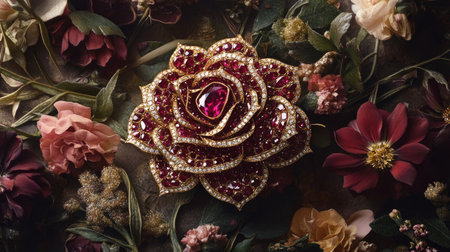 This stunning image features an exquisite gold and ruby rose brooch intricately adorned with sparkling gemstones, set against a lush floral background.の素材