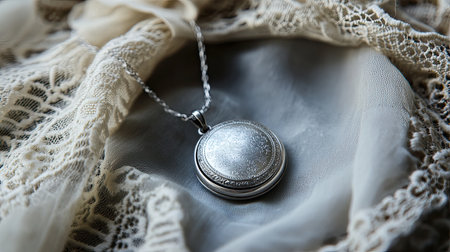This exquisite silver locket necklace rests gracefully on soft lace fabric, showcasing its vintage charm and delicate texture, perfect for jewelry lovers.の素材