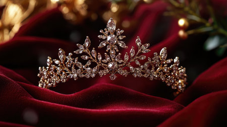 A stunning tiara featuring intricate designs with glittering gemstones, set against a rich maroon fabric, perfect for showcasing elegance and luxury.の素材