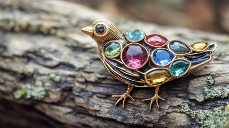 This image features a vibrant vintage brooch shaped like a bird, adorned with colorful gemstones. Set against a natural wooden surface, it highlights craftsmanship and elegant design.の素材