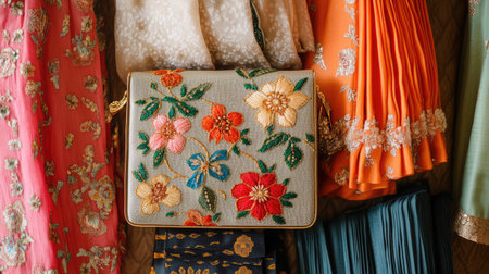 A stunning handbag featuring intricate floral embroidery is elegantly displayed against a backdrop of colorful traditional garments, showcasing rich textures and vibrant hues.の素材
