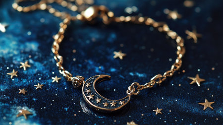 Close-up of an elegant gold bracelet featuring a moon charm with star details, set against a cosmic blue background, perfect for jewelry enthusiasts.の素材