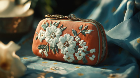This captivating image showcases a beautifully embroidered floral clutch purse, set on a soft textile surface. The intricate design and vibrant colors highlight craftsmanship, offering a touch of elegance to any outfit.の素材