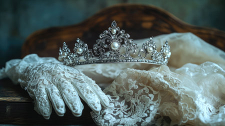 A stunning tiara sits gracefully on a vintage wooden surface, accompanied by exquisite lace gloves and soft fabric, embodying elegance and timeless beauty.の素材