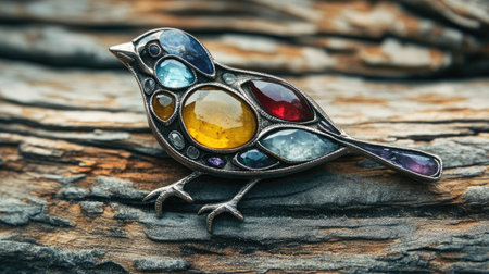 This stunning stained glass bird brooch features vibrant colors set in a metal frame, displayed on weathered wood. It beautifully merges creativity and nature.の素材