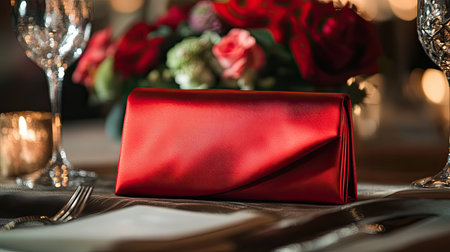 A beautiful red clutch purse resting on a dining table, surrounded by roses and candles, creating an elegant and romantic atmosphere for special occasions.の素材