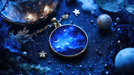 A captivating close-up of a celestial pendant featuring a stunning night sky design, surrounded by shimmering stars and natural elements.の素材