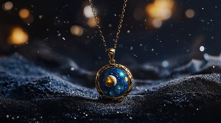 A captivating close-up of a cosmic pendant featuring a golden planet surrounded by sparkling stars, resting on a dark, textured surface.の素材