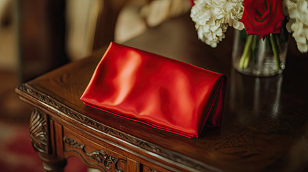 A stunning red satin clutch rests elegantly on a vintage wooden table, accompanied by beautiful floral arrangements, creating a warm and inviting atmosphere.の素材