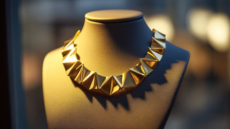 A stunning close-up of an elegant golden statement necklace elegantly displayed under soft light, highlighting its contemporary design and unique textures.の素材