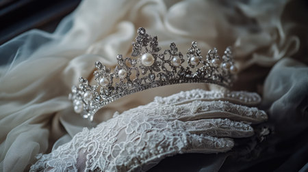 This enchanting image features a stunning silver tiara adorned with pearls, resting on delicate lace gloves, set against soft, draped fabric. Perfect for bridal inspiration.の素材