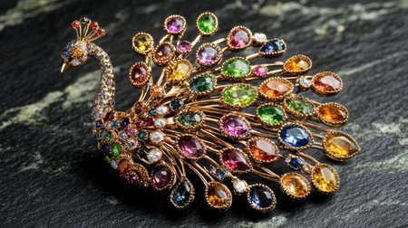 This stunning brooch features a peacock design embellished with a variety of colorful gemstones. The intricate details highlight luxury and elegance, perfect for any fashion enthusiast.の素材