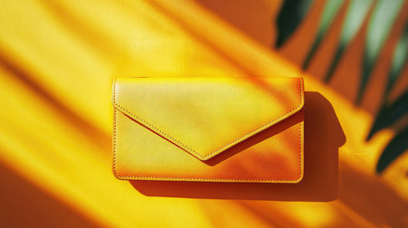 A stunning yellow leather wallet is showcased against a vivid orange backdrop, beautifully illuminated by sunlight, highlighting its design and elegance.の素材