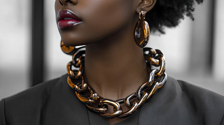 Close-up portrait of a stylish woman showcasing bold jewelry, featuring a statement necklace and matching earrings, exuding elegance and confidence.の素材