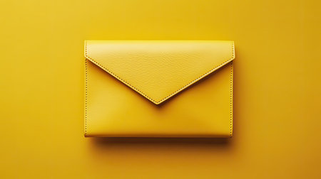 This image features a striking yellow leather envelope clutch bag placed on a complementary yellow background, showcasing its stylish design. Ideal for fashion and lifestyle projects.の素材